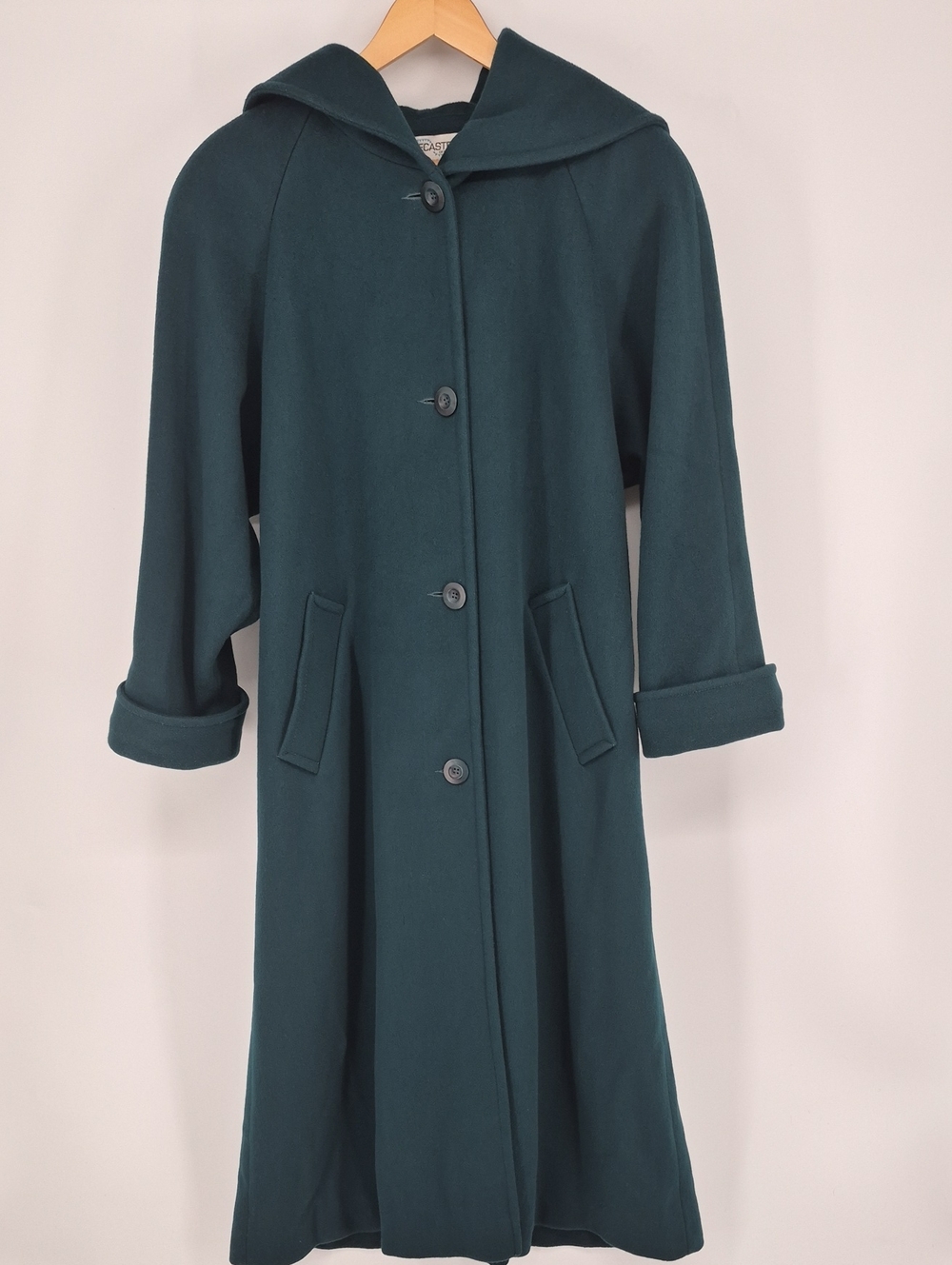 Forecaster Of Boston Hooded Green Teal 100% Pure Wool Coat 8 Vintage Made In USA